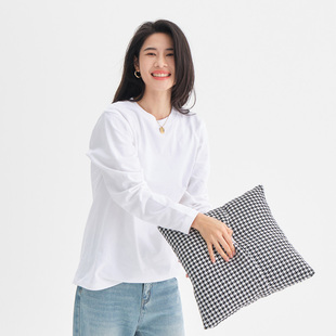 纯色宽松白t恤女纯棉春秋打底长袖 叠穿内搭正肩重磅上衣圆领