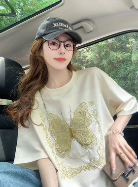 国风蝴蝶短袖t恤女2024新款夏季重工刺绣设计感欧货正肩宽松上衣