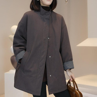 外套女 胖mm遮肉减龄宽松中长款 大码 慵懒风外搭立领棉服风衣秋冬季