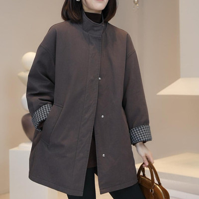 大码慵懒风外搭立领棉服风衣秋冬季胖mm遮肉减龄宽松中长款外套女