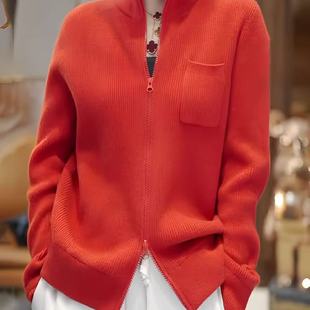 桔红色立领长袖针织开衫外套2025秋冬新款双拉链设计洋气大码上衣