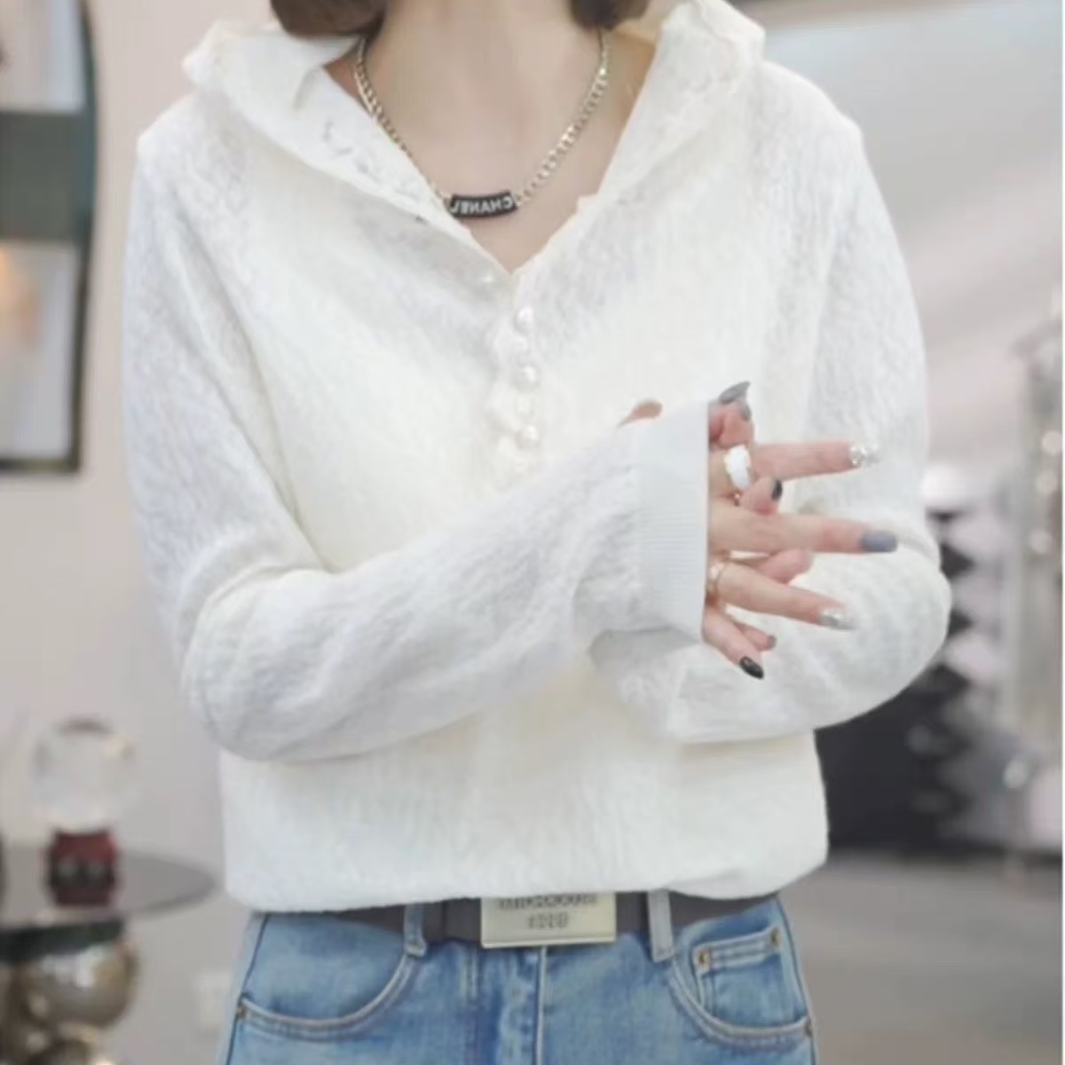 大码拼接蕾丝帽半开领长袖女秋季打底衫2025年新款百搭轻奢上衣