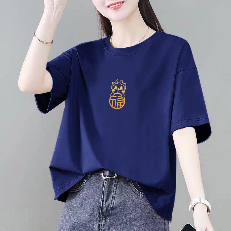 欧货2025女装深蓝色短袖T恤女新款宽松显瘦遮肚百搭体恤上衣夏季