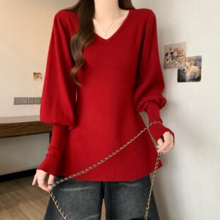 大码女装秋冬灯笼袖V领针织打底衫女胖MM中长款收腰显瘦百搭上衣