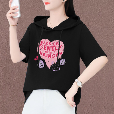 短袖t恤女士2025年新款夏季洋气妈妈装减龄连帽休闲上衣印花体恤