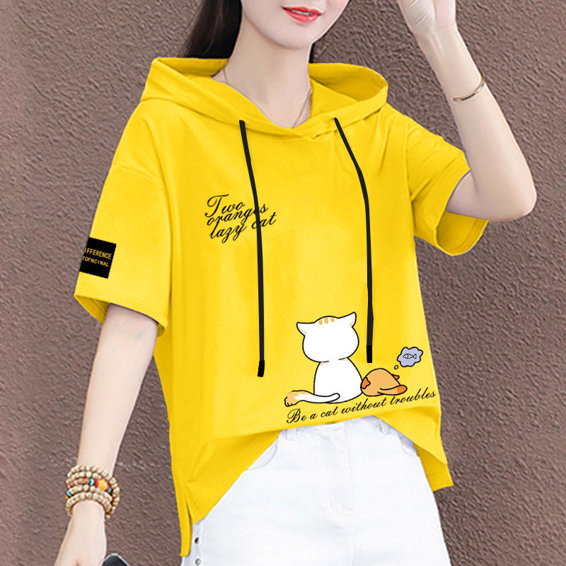 纯棉大码短袖t恤女夏装2026年新款时尚洋气遮肚子减龄带帽卫衣衫