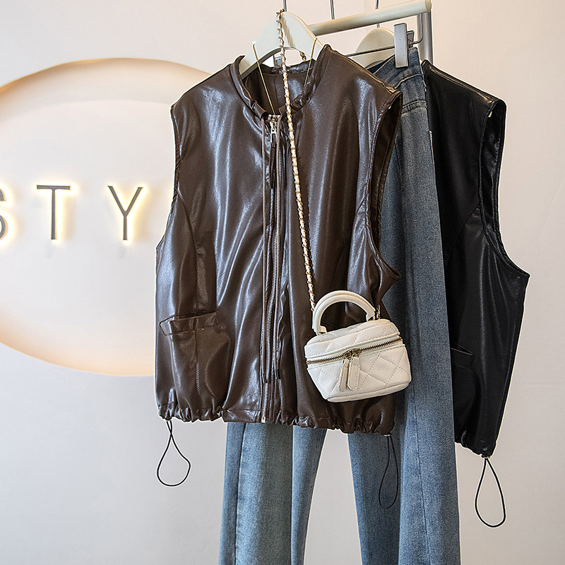 大码女装秋季新款高级感显瘦圆领百搭抽绳机车马夹背心外套马甲女