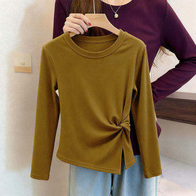 韩系别致设计感扭结长袖T恤女秋冬季新款圆领修身内搭打底衫上衣