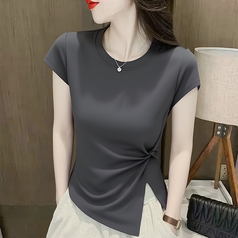 亲肤不规则扭结圆领短袖T恤女夏季新款修身时尚遮肚收腰打底上衣