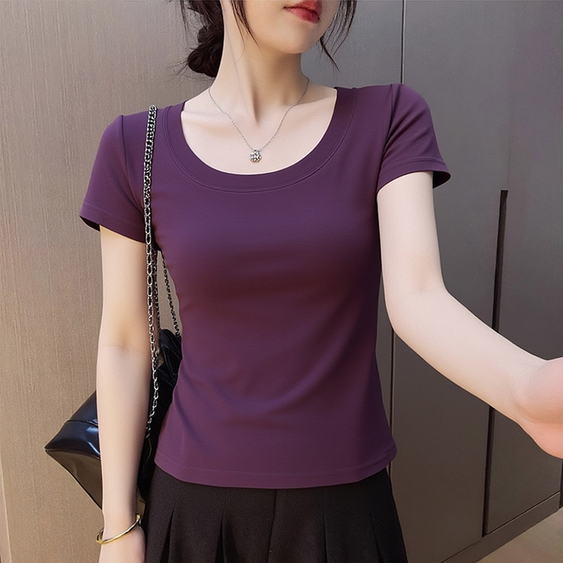 时尚气质百搭正肩短袖t恤女夏新款短款圆领减龄显瘦修身小衫上衣