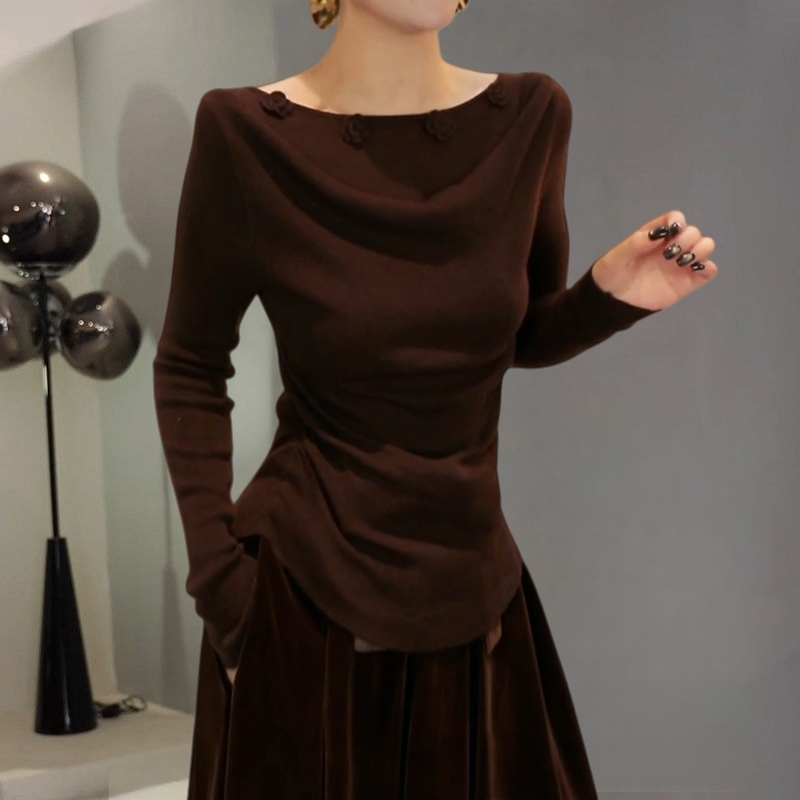 高级感外穿内搭一字领荡领针织衫女法式气质修身显瘦长袖大码上衣