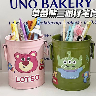 草莓熊桌面笔筒大容量简约复古可爱卡通少女心不锈钢笔桶学生美式ins高颜值收纳桶初高中生小红书同款
