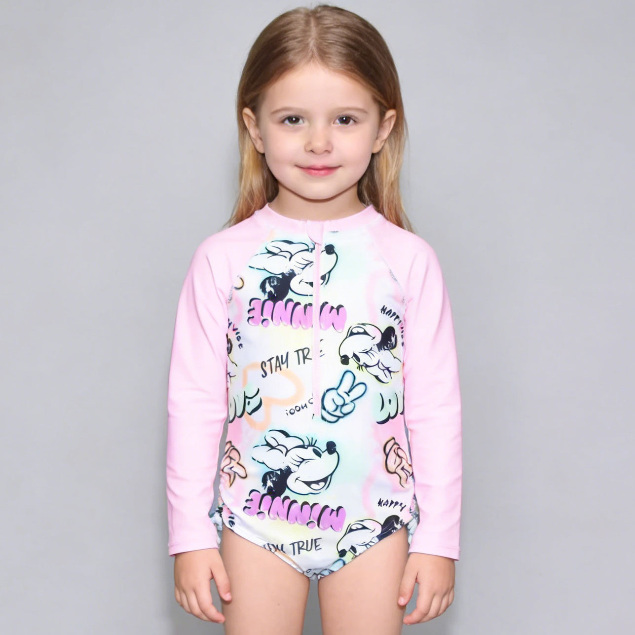 美国原单DISN****粉红色拉链长袖防晒海滩泳池连体泳衣女童中小童