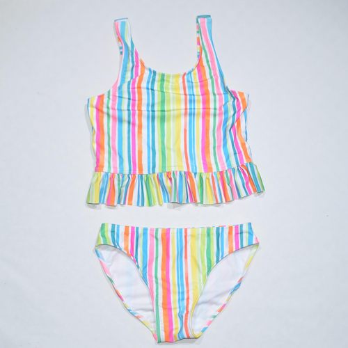 美国原单GEOR****可爱彩条纹背心花边海滩泳池分体泳衣女童中大童