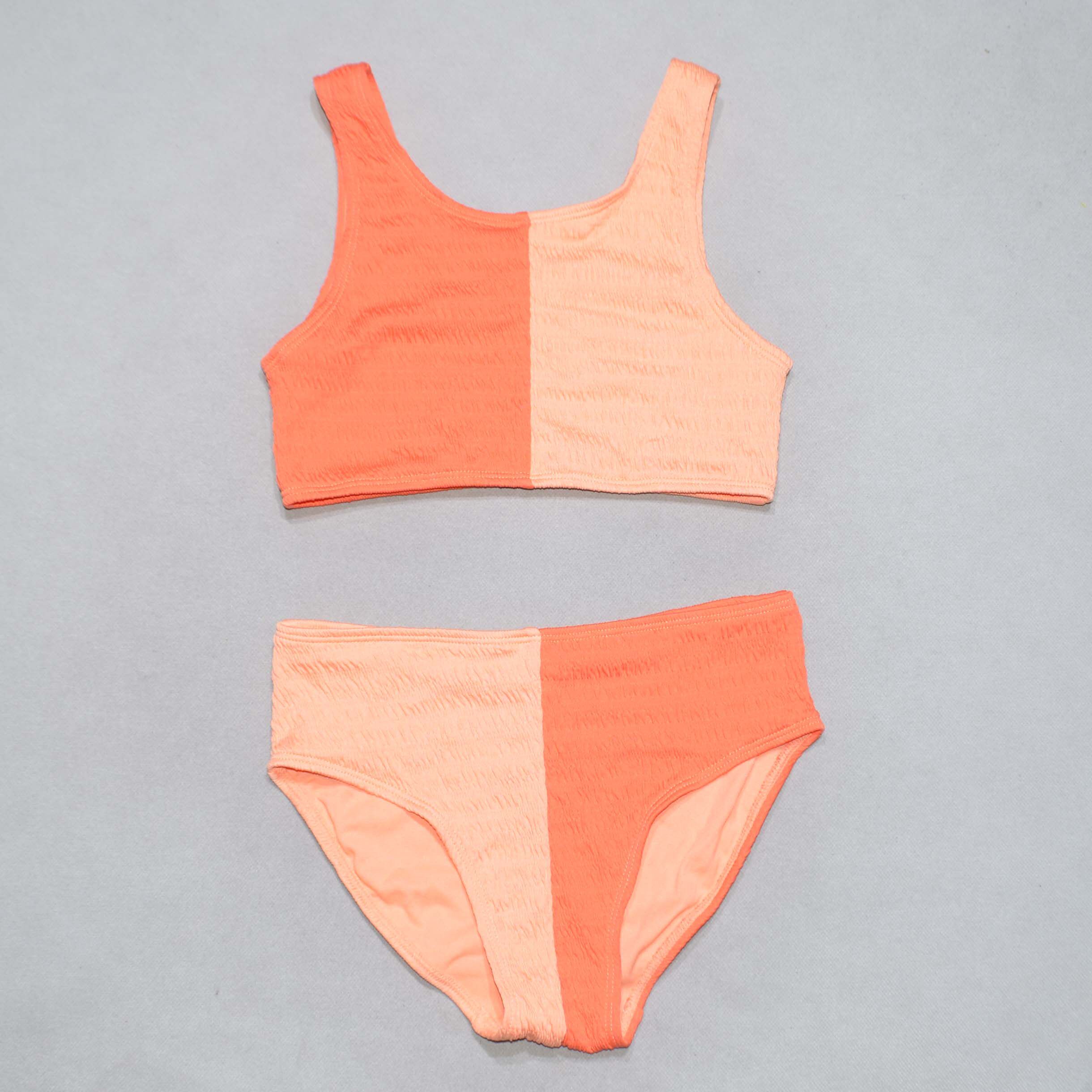 美国原单GEOR****可爱橙黄配色无胸垫海滩度假分体泳衣女童中大童