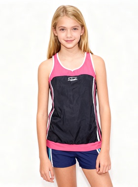 日本原单FUNC****蓝裤黑红上衣带胸垫海滩泳池分体泳衣女童中大童