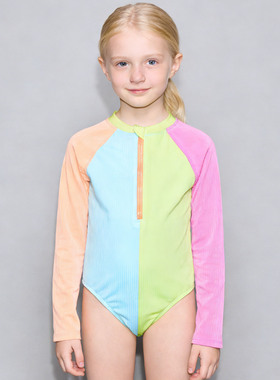 美国原单GEOR****红黄蓝绿色长袖防晒海滩泳池连体泳衣女童中大童