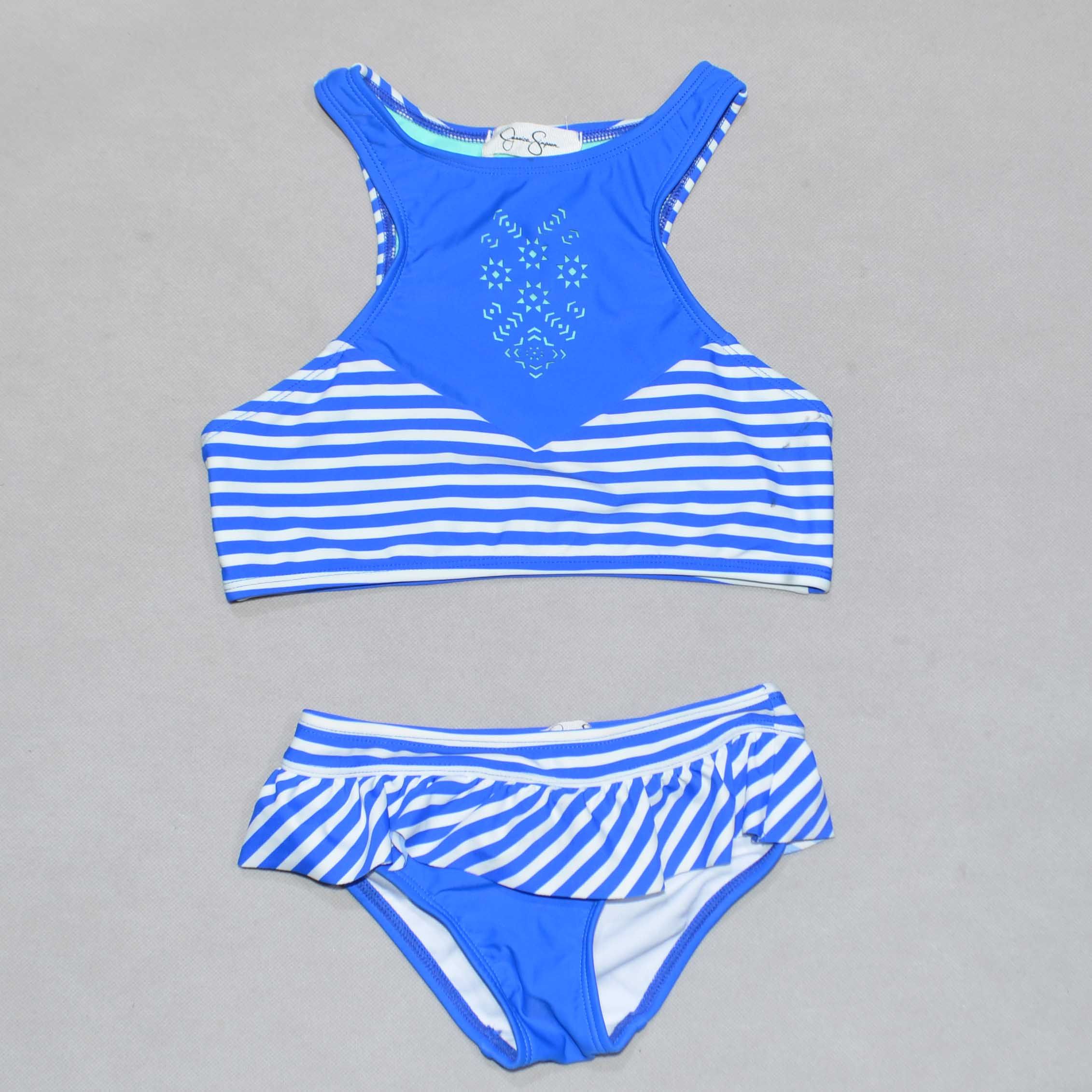 美国原单jess****蓝白条纹小背心花边裤海滩泳池分体泳衣女童小童