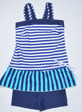 美国原单GEOR****蓝白条纹带胸垫海滩泳池平角分体泳衣女童中大童