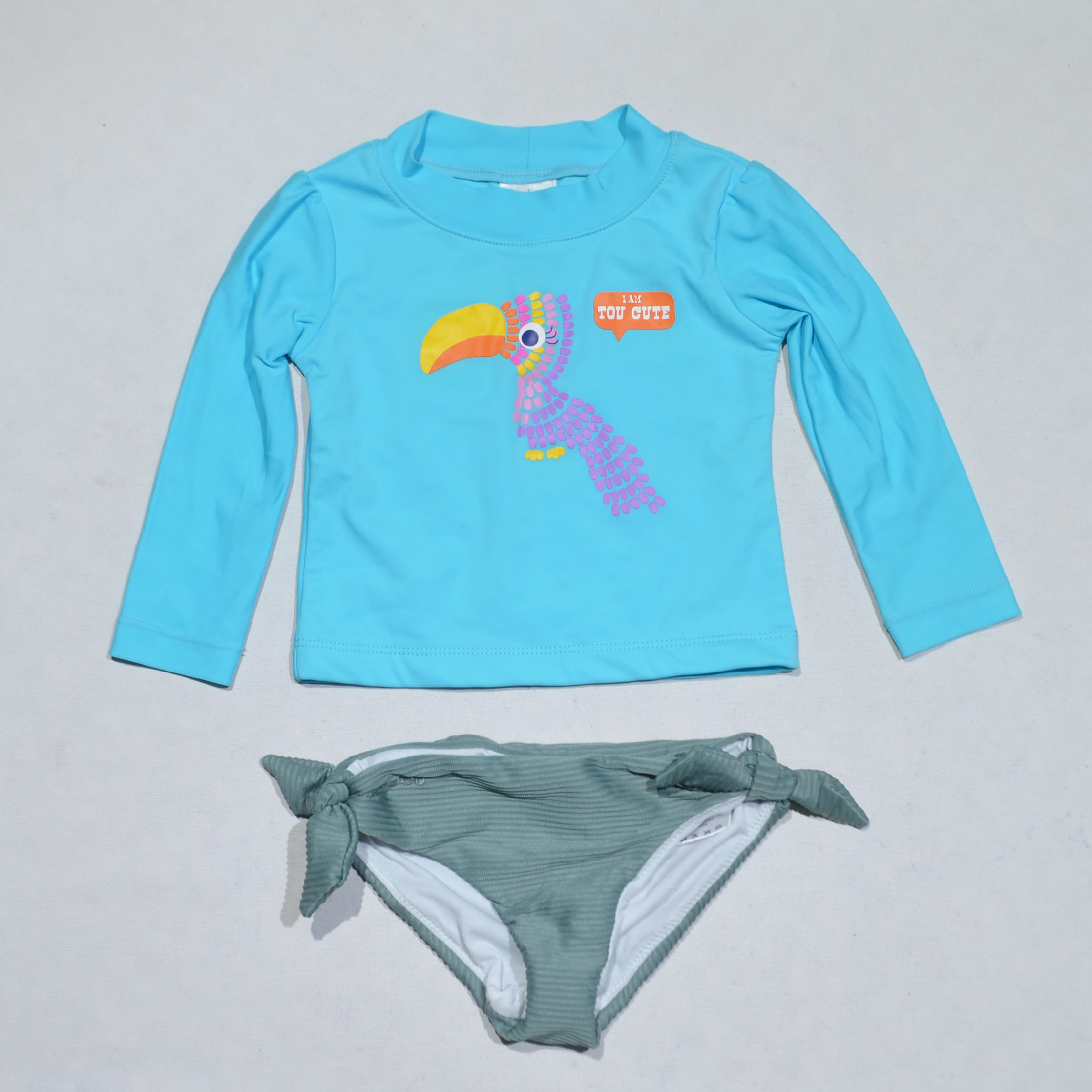 大嘴鸟上衣橙白点裤分体泳衣女童