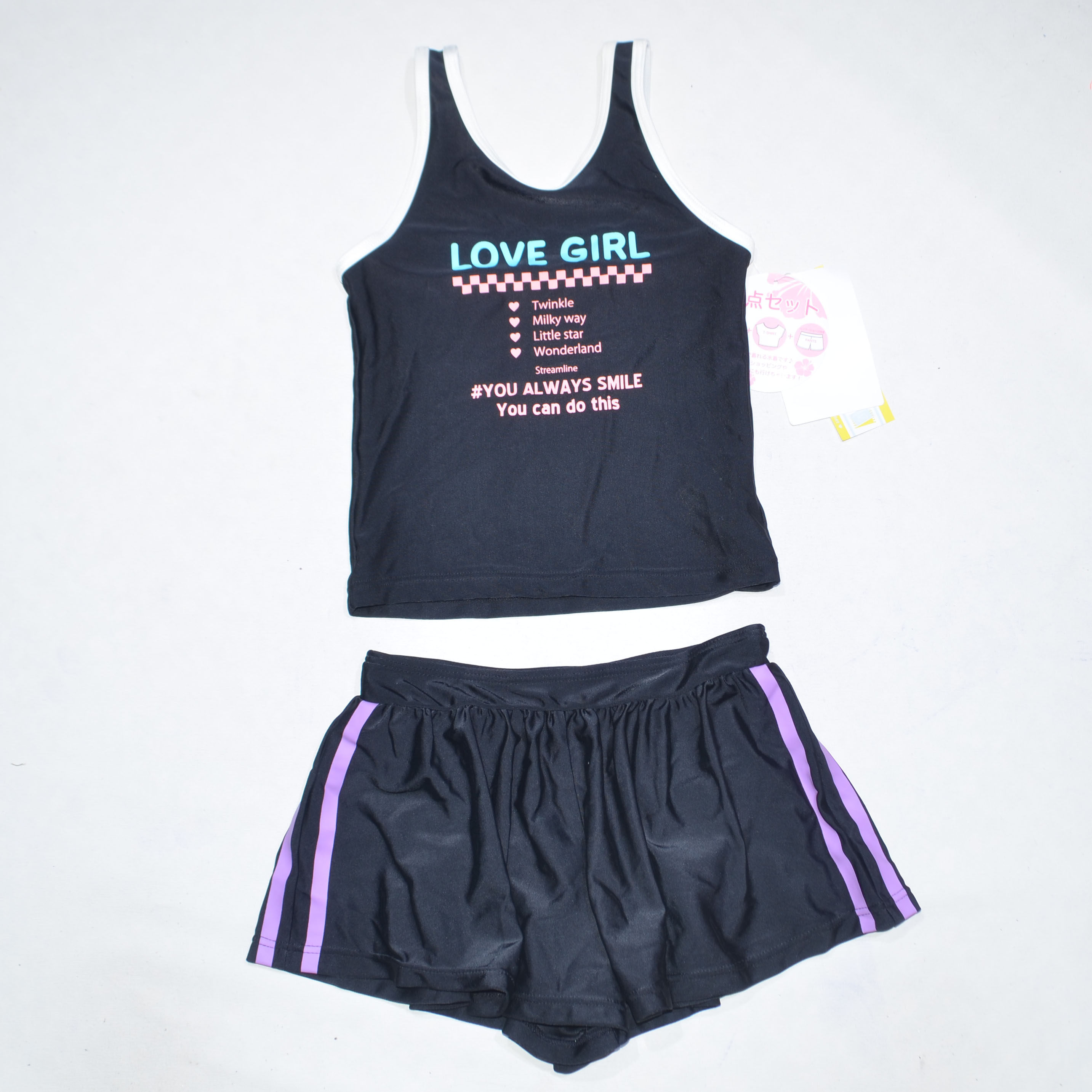 日本原单EMON****可爱黑背心平角裙裤海滩泳池分体泳衣女童中小童