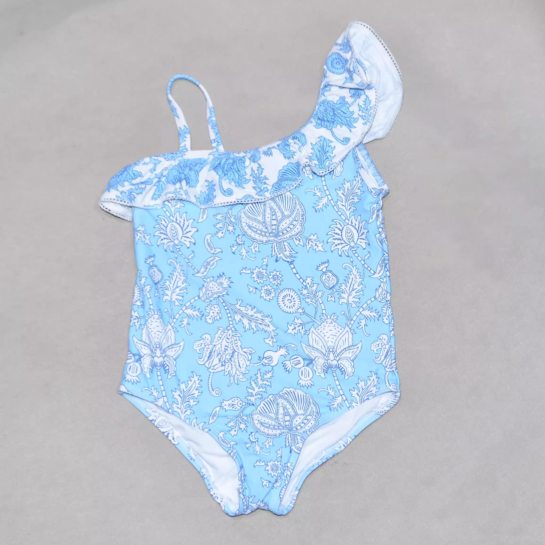 蓝底小白花单肩连体泳衣中小女童