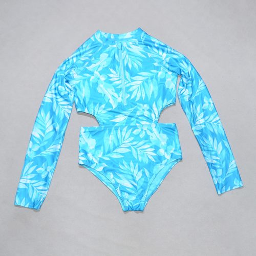 蓝色花拉链长袖防晒连体泳衣女童