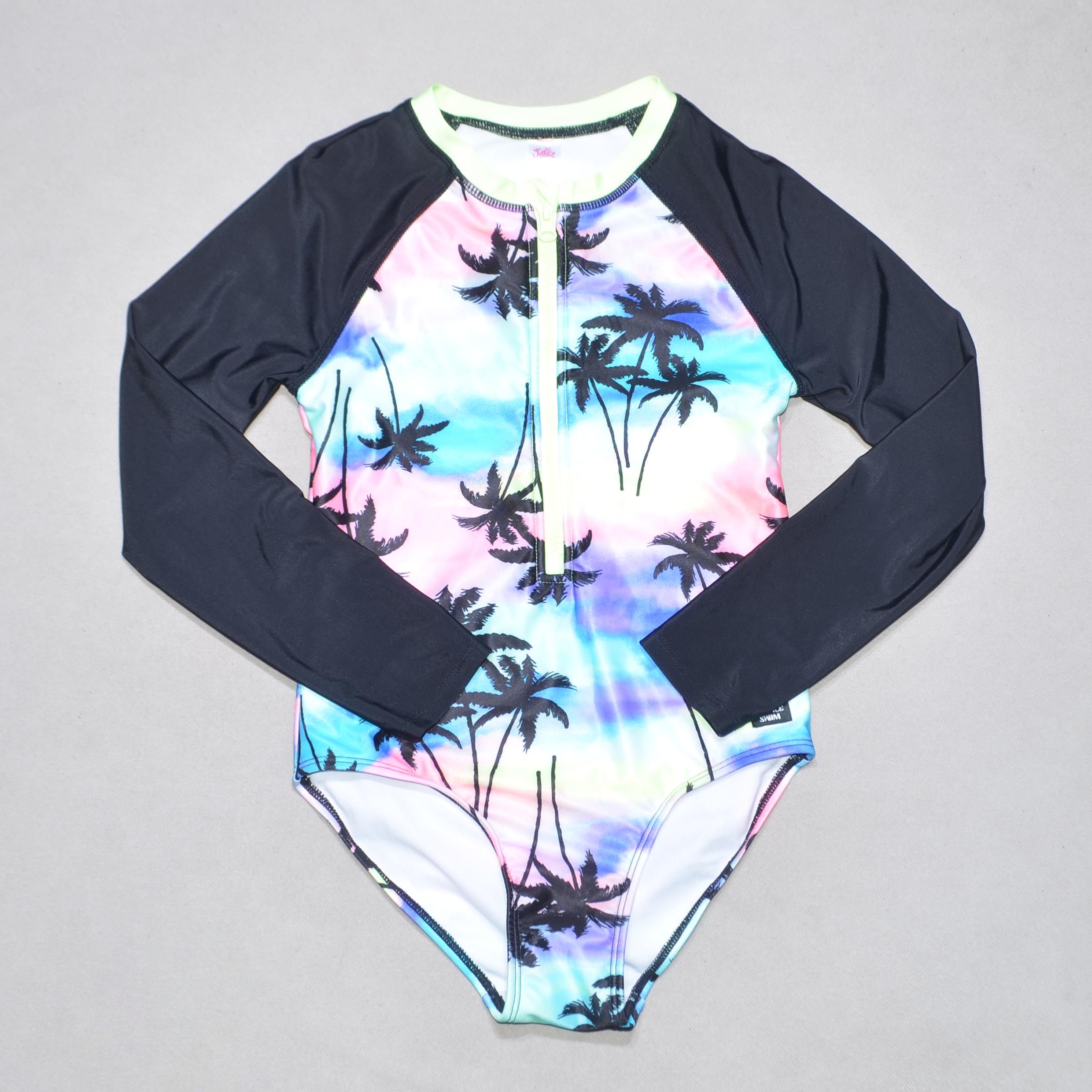 美国原单JUST****彩虹黑椰树长袖防晒海滩泳池连体泳衣女童中大童