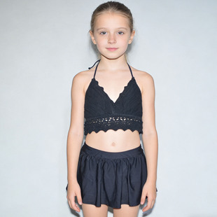 日本原单CHEL 分体泳衣女童中大童 黑色针织上衣带胸垫海滩裙款
