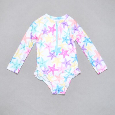 美国原单DISN****星星花长袖防晒海滩泳池花边连体泳衣女童中小童