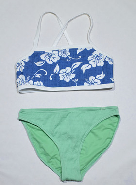 美国原单ABER**混搭蓝白花上衣绿色裤带胸垫比基尼泳衣女童中大童