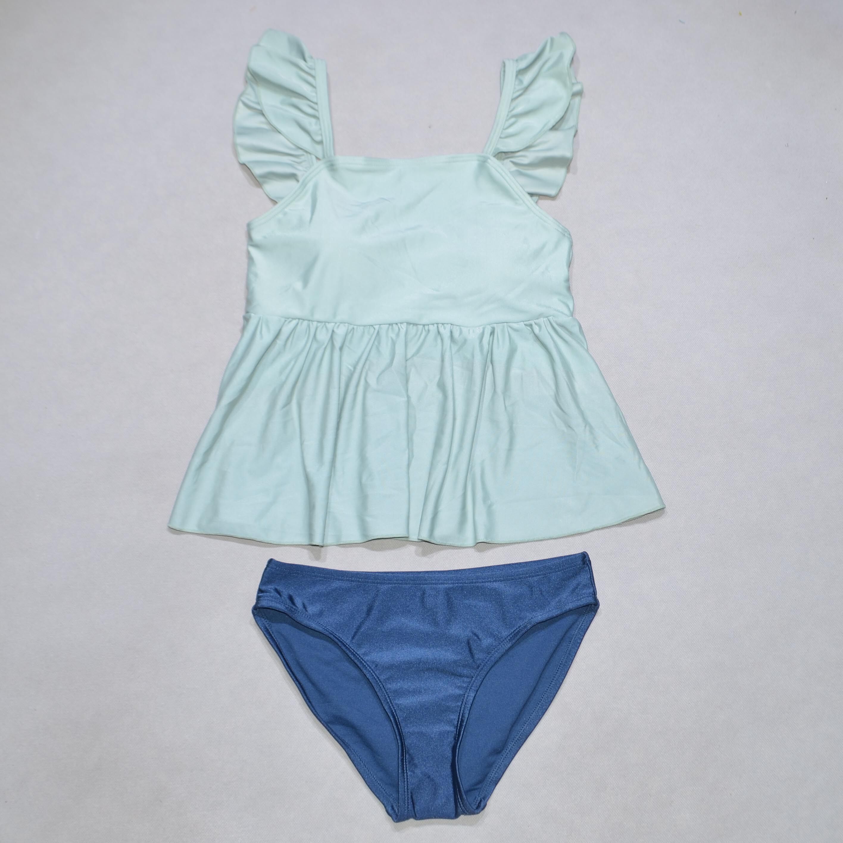 日本原单GLOB****绿色上衣深灰裤海滩泳池游泳分体泳衣女童中大童