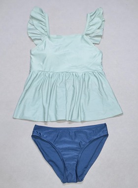 日本原单GLOB****绿色上衣深灰裤海滩泳池游泳分体泳衣女童中大童