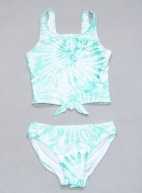 美国原单GEOR****可爱绿白格子花海滩泳池游泳分体泳衣女童中大童