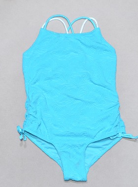 美国原单JUST****可爱天蓝色提花面料海滩泳池连体泳衣女童中大童