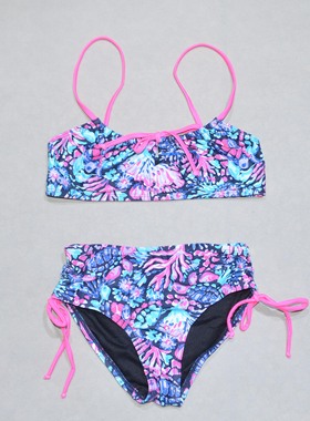 美国原单CTAL****可爱绿花粉红带海滩泳池游泳分体泳衣女童中小童