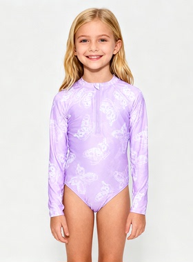 美国原单GEOR****紫色花拉链长袖防晒海滩泳池连体泳衣女童中小童
