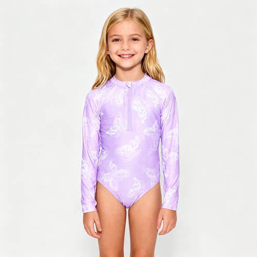 紫色花拉链长袖防晒连体泳衣女童