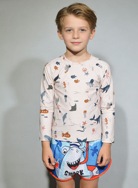 丹麦原单LIEW****蓝色裤米白长袖上衣海滩泳池分体泳衣男童中小童