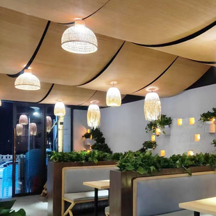 饰材料农家乐茶楼展馆洋房装 禅意竹帘遮光吊顶隔断背景墙装 修设计