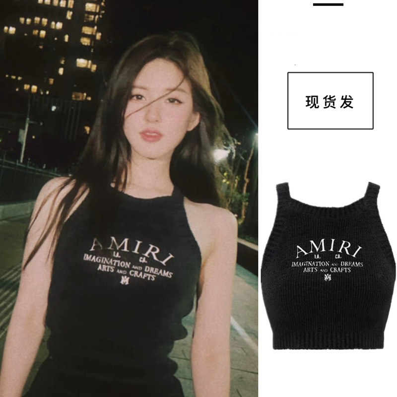 法国MK&DK赵露思同款黑色字母挂脖针织背心女修身无袖吊带上衣