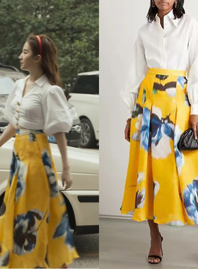 法国MK&DK玫瑰的故事刘亦菲同款套装白色泡泡袖衬衫黄色半身裙女