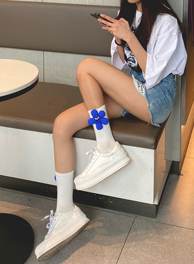 秋冬外穿克莱因蓝花朵小熊珍珠中筒袜棉ins潮BV绿色无骨缝头长袜