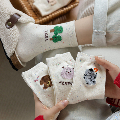 ilookwazi早秋新款彩色点子纱搞怪中筒袜棉搭毛拖鞋伯根鞋堆堆袜