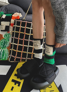 黑白色袜子女彩色外穿字母布标灯笼中筒袜潮日韩条纹堆堆长筒袜