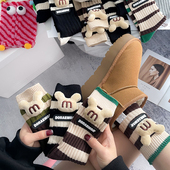 个性 外穿粗线条纹可爱M奇头布标中筒堆堆袜搭雪地靴鲨鱼裤 长筒袜