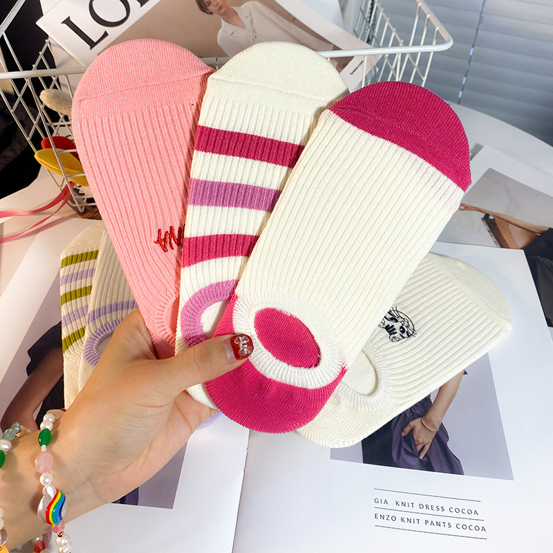 ilookwazi春夏薄款条纹防滑纯色隐形袜棉日韩搭小白鞋粉色船袜女