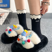 25春夏新款 小香风双层木耳花边min布标中筒袜棉外穿潮搭黑白长袜