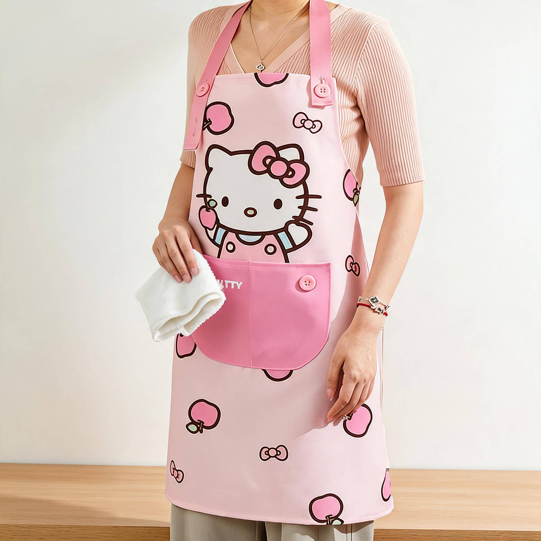 Kitty围裙厨房家用防油防水围腰女耐磨做饭工作服无袖挂脖护衣女