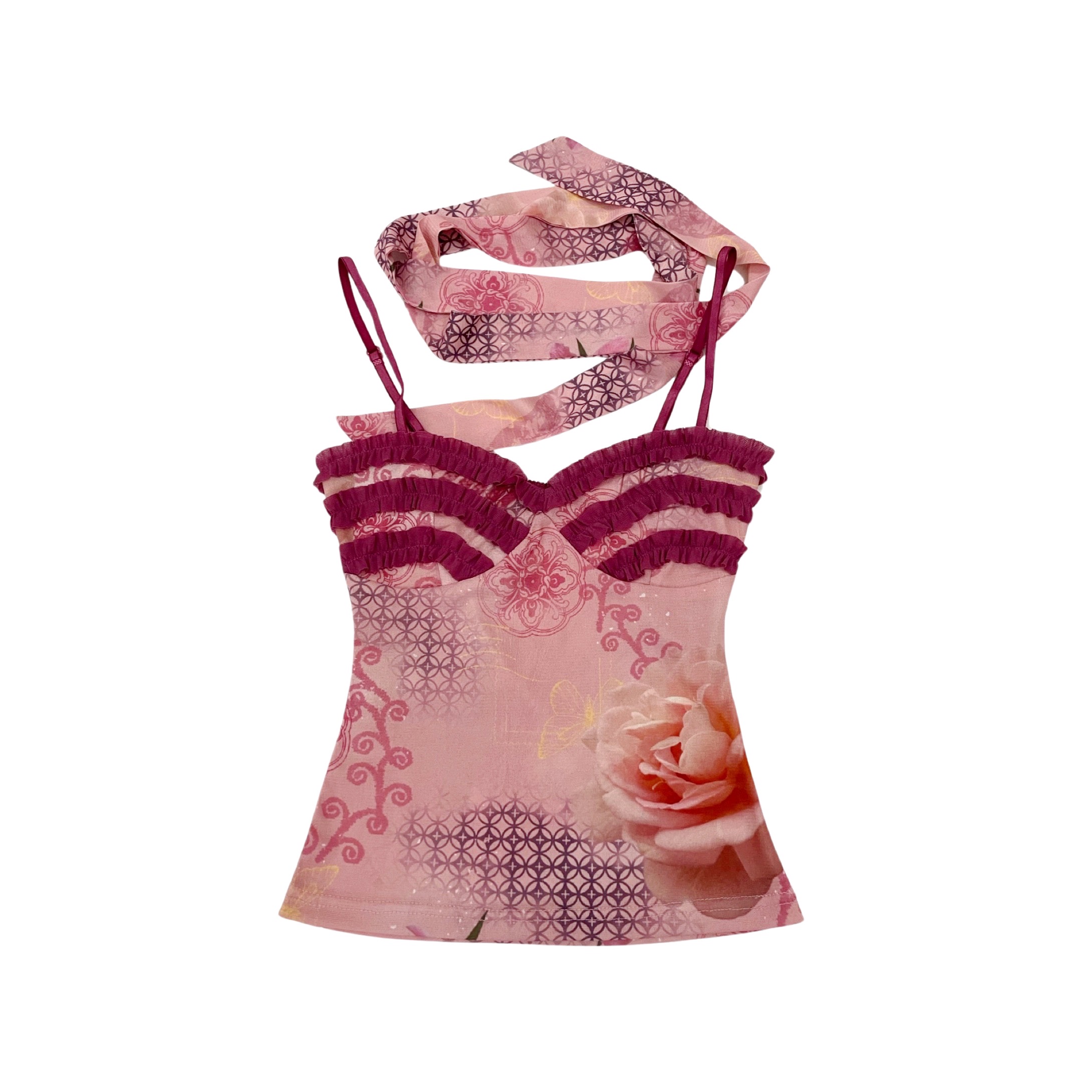thumbnail for dolomedes summer new original print pink mesh camisole hip skirt two-piece skirt